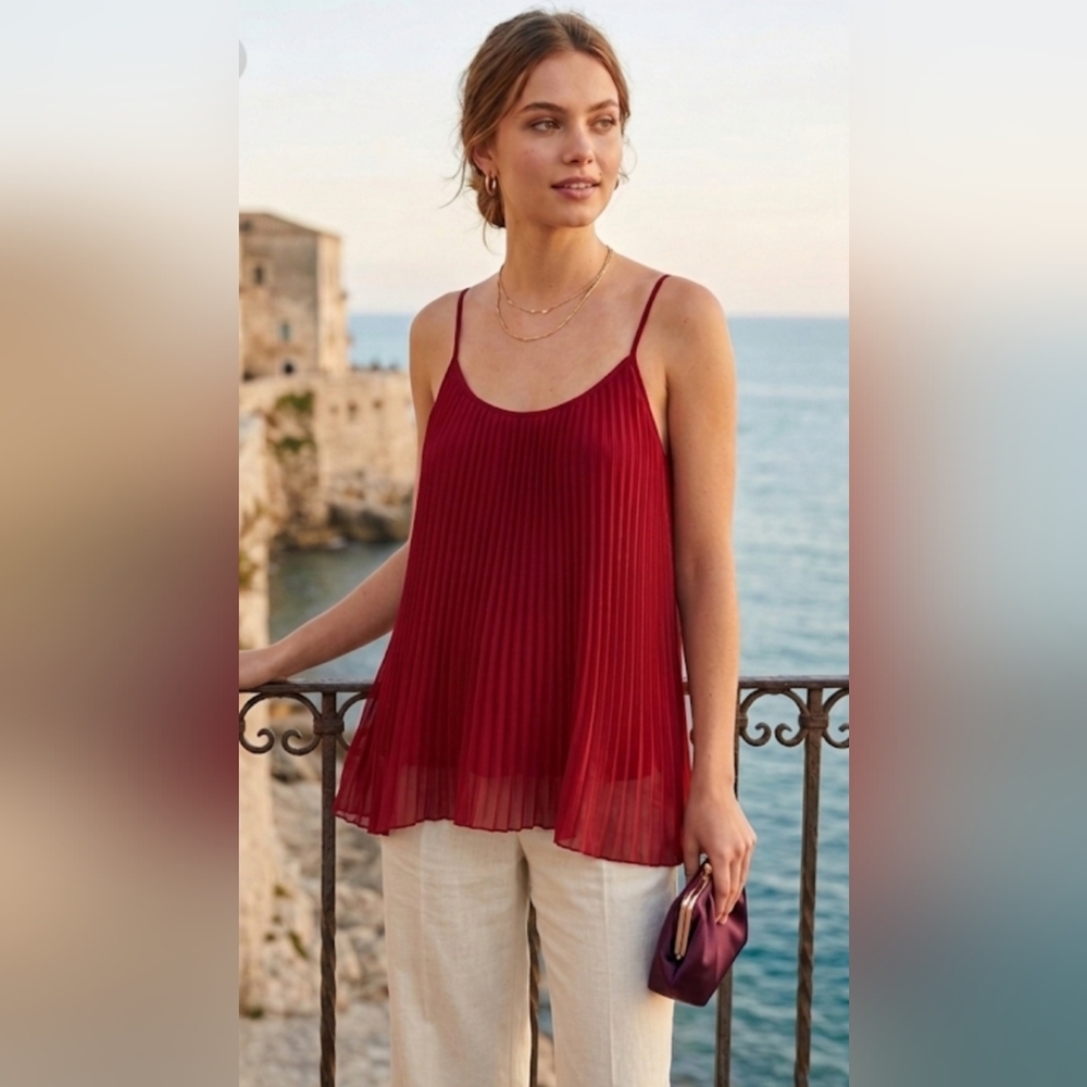 AQUA Scarlet Red Pleated Cami Tank Top Chiffon Overlay size S